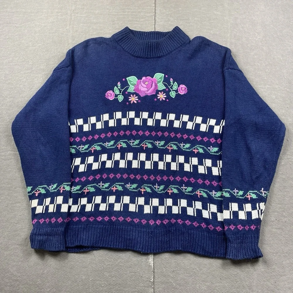Northern Isles‎ Sweater Womens Medium Hand Knitted Checkered Floral Grandma Core